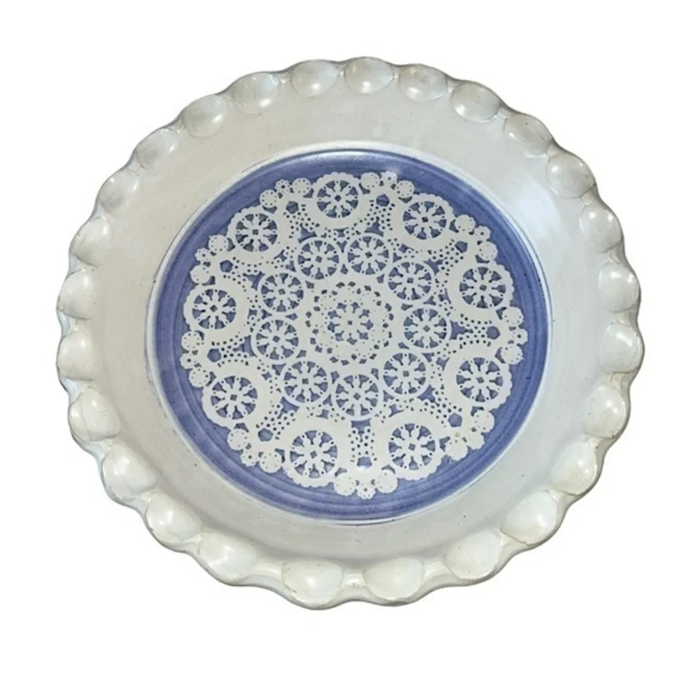 Vintage Signed Handmade Pottery Scalloped Edge Pie Dish